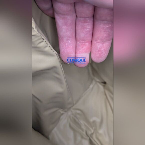 Clinique Tote Large Cosmetic Case Metallic Blue Tan Gold Handle Vinyl Patent - Picture 2 of 9